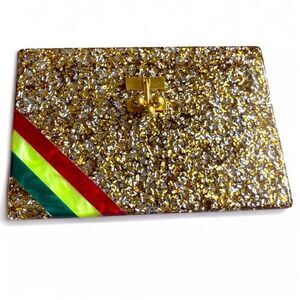 EDIE PARKER ACRYLIC CLUTCH – GOLD CONFETTI & RAINBOW STRIPE | HANDMADE | RARE
